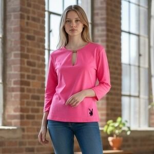 Vintage Playboy Women Neon Pink Keyhole Long Sleeve Top Bunny Logo Medium NWT